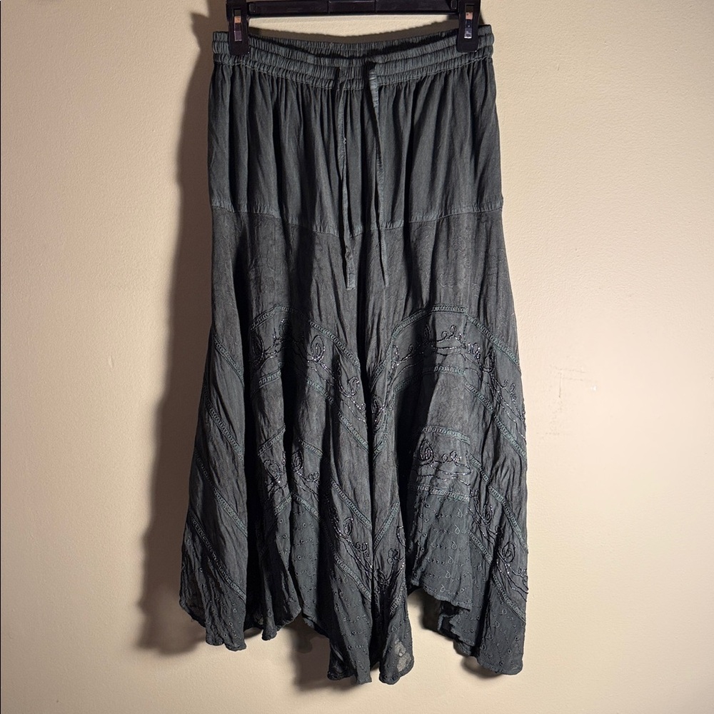 Advance Apparels Forest Green 🌳 Embroidered Boho Maxi Skirt with tie waist